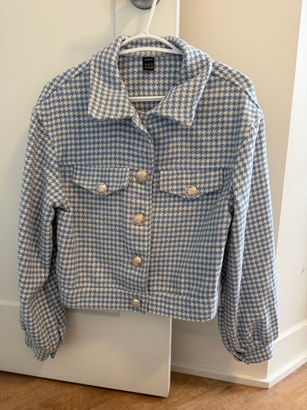Chunky Houndstooth Cropped Jacket - Light Blue & White